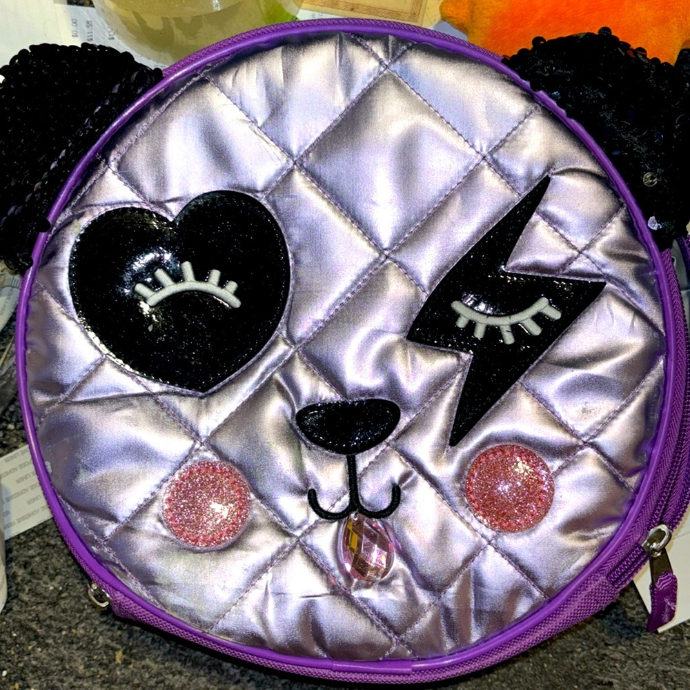 NWOT Panda 9" Lunch Round Box Purple Sequin Embellishment
